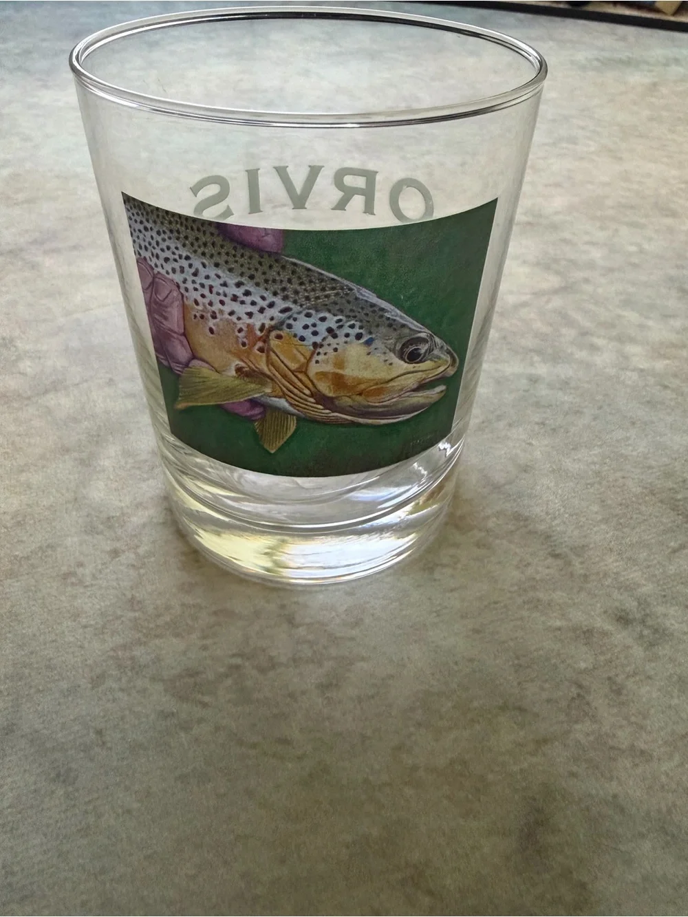 Orvis Clear Glass Tumbler with Green Logo and Fish Emblem